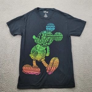 Disney Mickey Mouse Shirt Mens Small Black Multicolor Rainbow Graphic Tee‎ Aztec